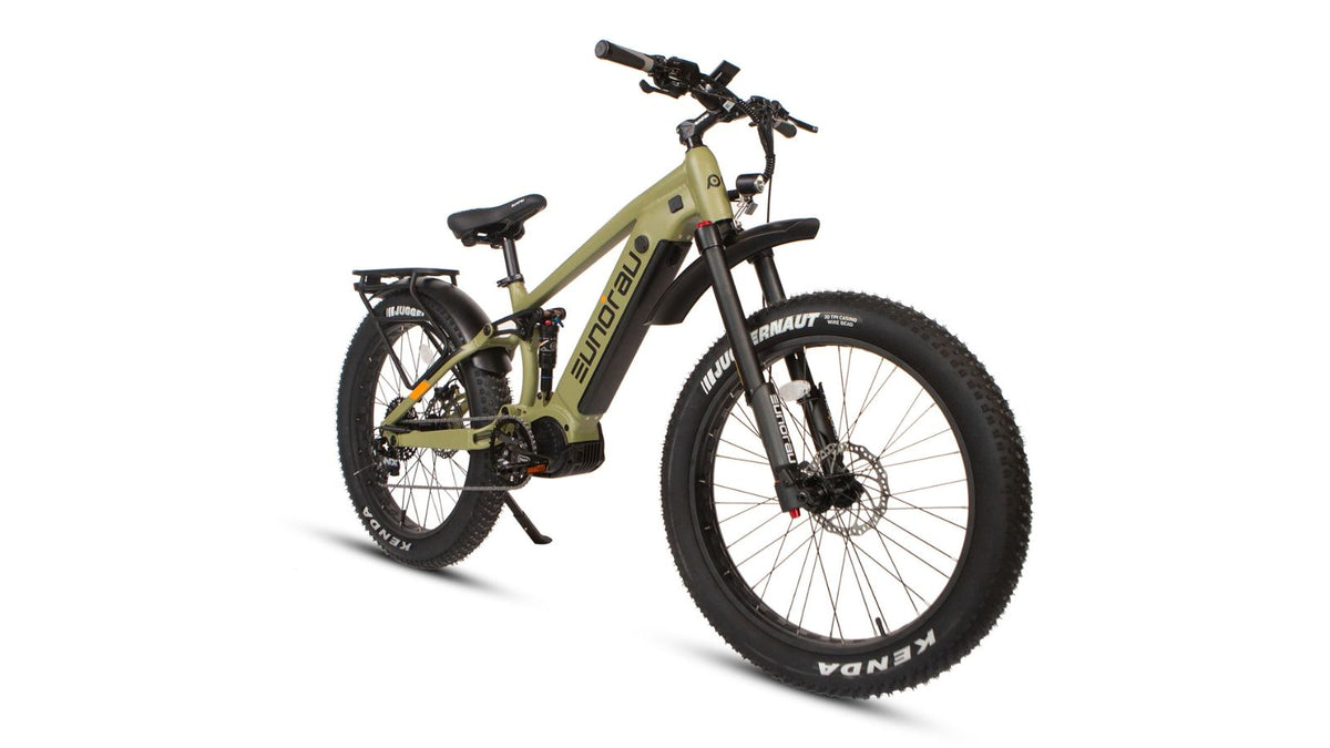 Eunorau Specter-S 4.0 in Army Green, front three-quarter view: suspension fork, front fender, headlight and Kenda Juggernaut tire — Zeus eBikes Canada