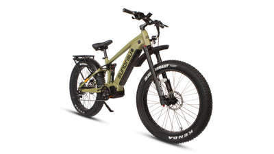 Eunorau Specter-S 4.0 in Army Green, front three-quarter view: suspension fork, front fender, headlight and Kenda Juggernaut tire — Zeus eBikes Canada