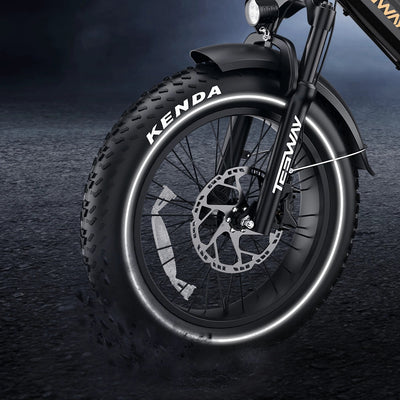 Kenda 20x4.0 fat tire with reflective sidewall strip, front fender, headlight and 203 mm disc rotor on the Tesway X7 Pro New — Zeus eBikes Canada