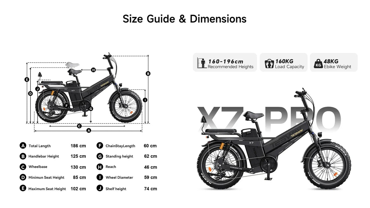 Tesway's size guide for the X7 Pro: recommended rider height 160-196 cm, saddle height 85-102 cm, wheelbase 130 cm, length 186 cm — Zeus eBikes Canada