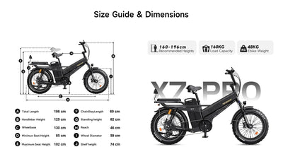 Tesway's size guide for the X7 Pro: recommended rider height 160-196 cm, saddle height 85-102 cm, wheelbase 130 cm, length 186 cm — Zeus eBikes Canada