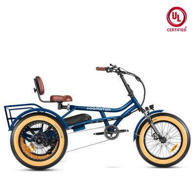 Addmotor Arisetan II M-360 semi-recumbent electric trike in Blue, side profile: navy frame, tan-wall 20 x 4.0 inch fat tires, brown saddle, backrest and grips (Addmotor photo) — Zeus eBikes Canada