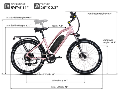 Addmotor CityPro E-43 dimensions chart: rider height 5 ft 4 in to 5 ft 11 in, 26 x 2.3 in tires, standover 21.7 in, saddle height 32.2 to 40.5 in, handlebar height 40.5 in, reach 7.8 in, wheelbase 44 in, length 70 in, width 29 in — Zeus eBikes Canada