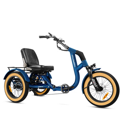 Addmotor Freetan M-368X semi-recumbent electric trike in Blue with tan-wall tires — Zeus eBikes Canada