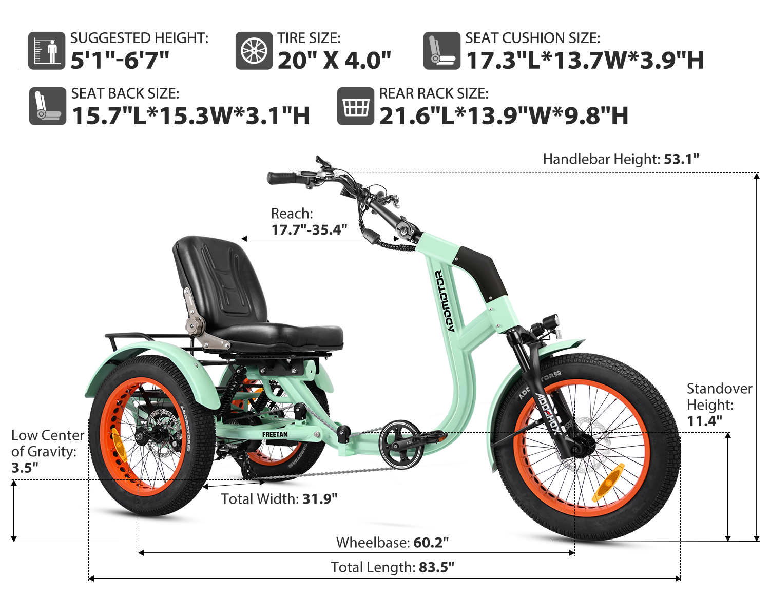 Addmotor Freetan M-368X size chart: 83.5 in length, 60.2 in wheelbase, 31.9 in width, 11.4 in standover, rider height 5 ft 1 in to 6 ft 7 in — Zeus eBikes Canada