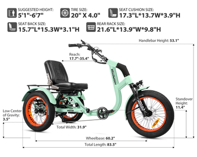Addmotor Freetan M-368X size chart: 83.5 in length, 60.2 in wheelbase, 31.9 in width, 11.4 in standover, rider height 5 ft 1 in to 6 ft 7 in — Zeus eBikes Canada