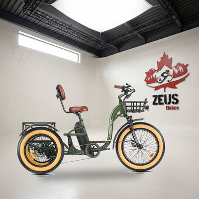 Addmotor Grandtan X full-suspension electric trike in Army Green: Addmotor's own photo set in the Zeus eBikes studio — Zeus eBikes Canada