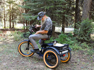Rider on an Addmotor Grandtan X in Neptune Blue in a forest clearing, with a small dog riding behind the seat (Addmotor photo) — Zeus eBikes Canada