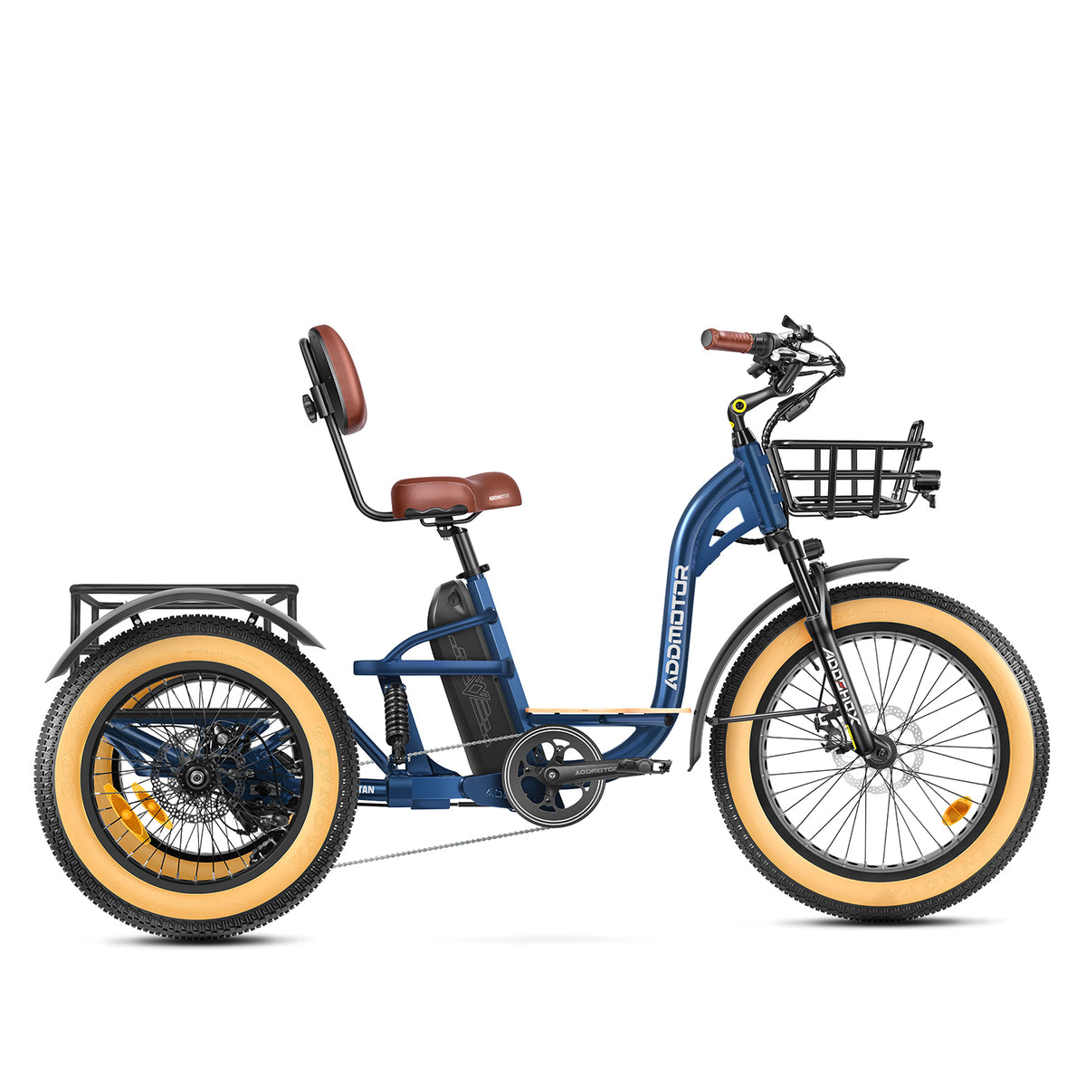 Addmotor Grandtan X in Neptune Blue, side view on white, with a front basket and rear basket frame (Addmotor photo) — Zeus eBikes Canada