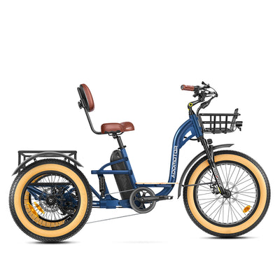 Addmotor Grandtan X in Neptune Blue, side view on white, with a front basket and rear basket frame (Addmotor photo) — Zeus eBikes Canada