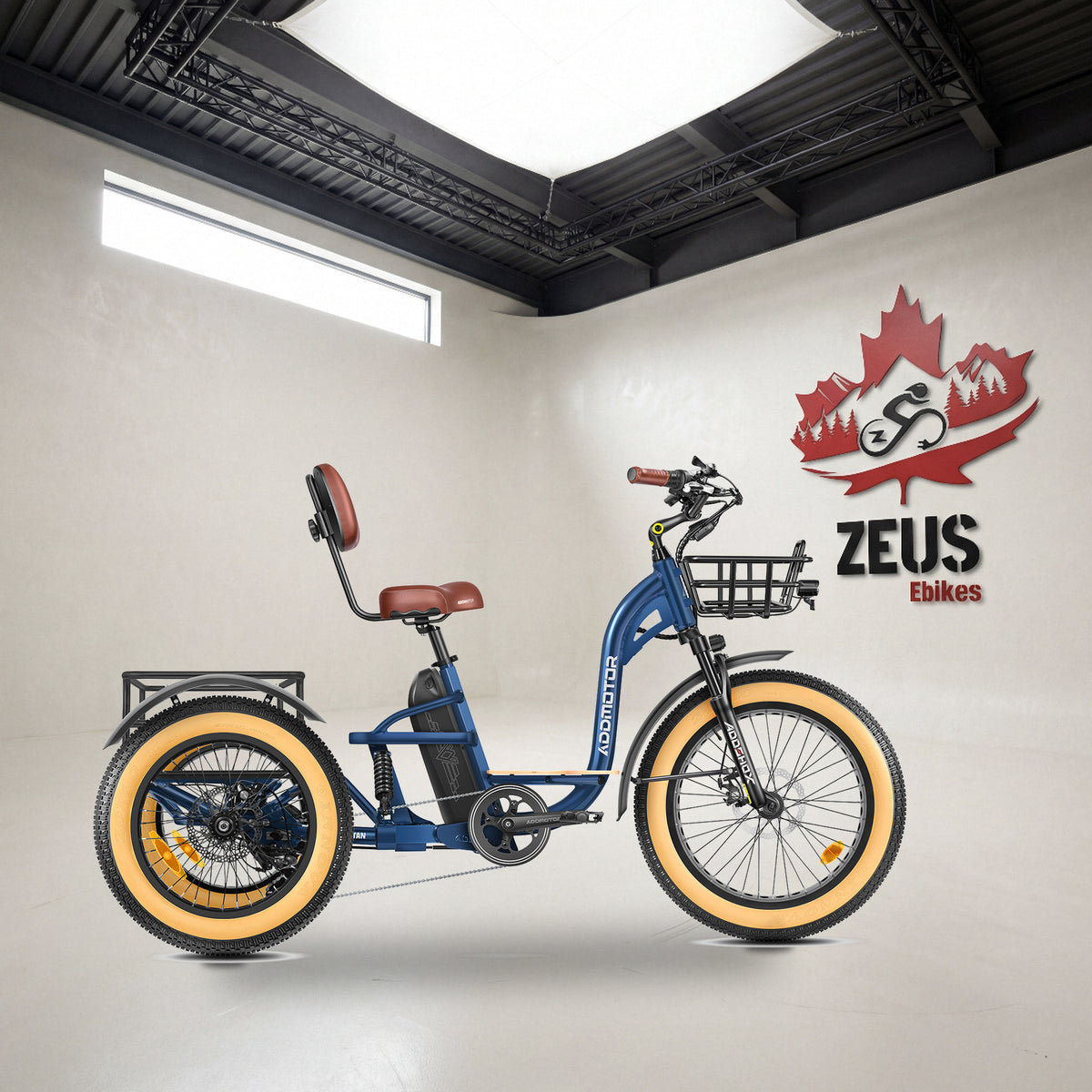Addmotor Grandtan X full-suspension electric trike in Neptune Blue: Addmotor's own photo set in the Zeus eBikes studio — Zeus eBikes Canada