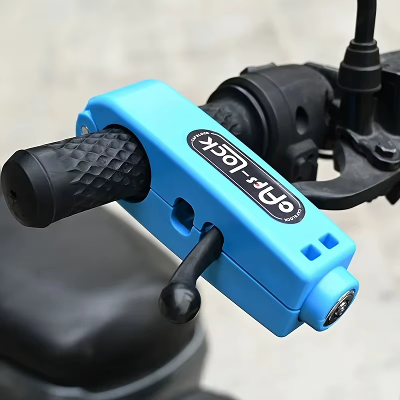 Blue grip lock fitted over a handlebar grip and brake lever, seen from the key end — Zeus eBikes Canada