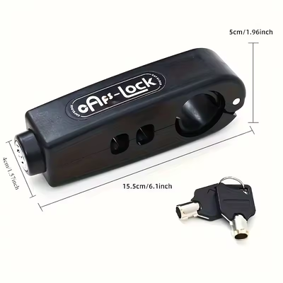 Black grip lock with the supplier’s size labels: 15.5 cm (6.1 inch) long, 5 cm (1.96 inch) tall and 4 cm (1.57 inch) across the key end, with two keys — Zeus eBikes Canada