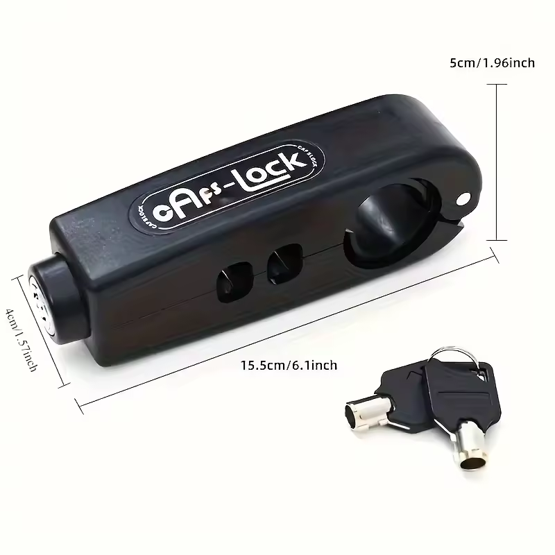 Black grip lock with the supplier’s size labels: 15.5 cm (6.1 inch) long, 5 cm (1.96 inch) tall and 4 cm (1.57 inch) across the key end, with two keys — Zeus eBikes Canada