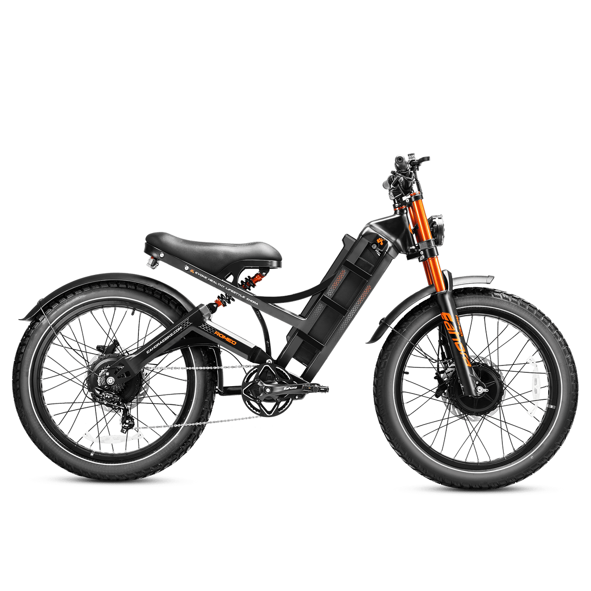 Eahora Romeo Pro II 2026 in Black, right side view with the motorcycle-style seat and frame battery — Eahora’s own photo