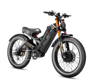 Eahora Romeo Pro II 2026 in Black, front three-quarter view showing the front hub motor and orange fork legs — Eahora’s own photo