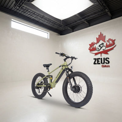 Eunorau Defender-S 2.0 / Hunter X6 in Army Green, front three-quarter view: Eunorau's own photo of the bike, set in the Zeus eBikes studio