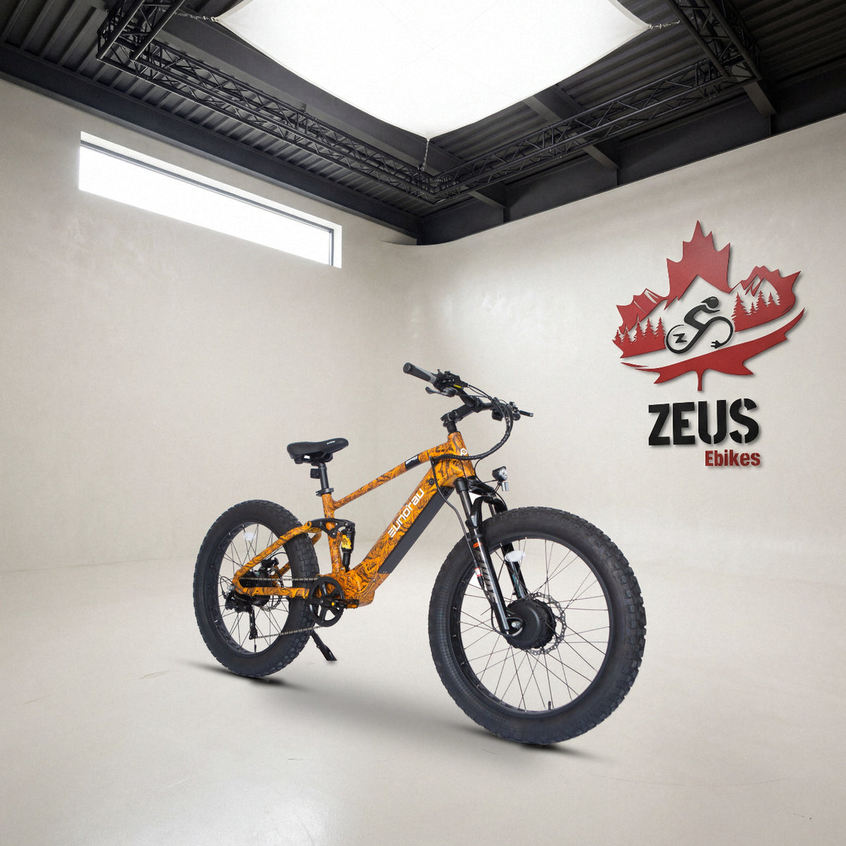 Eunorau Defender-S 2.0 / Hunter X6 in Dry Grass Camo, front three-quarter view: Eunorau's own photo of the bike, set in the Zeus eBikes studio