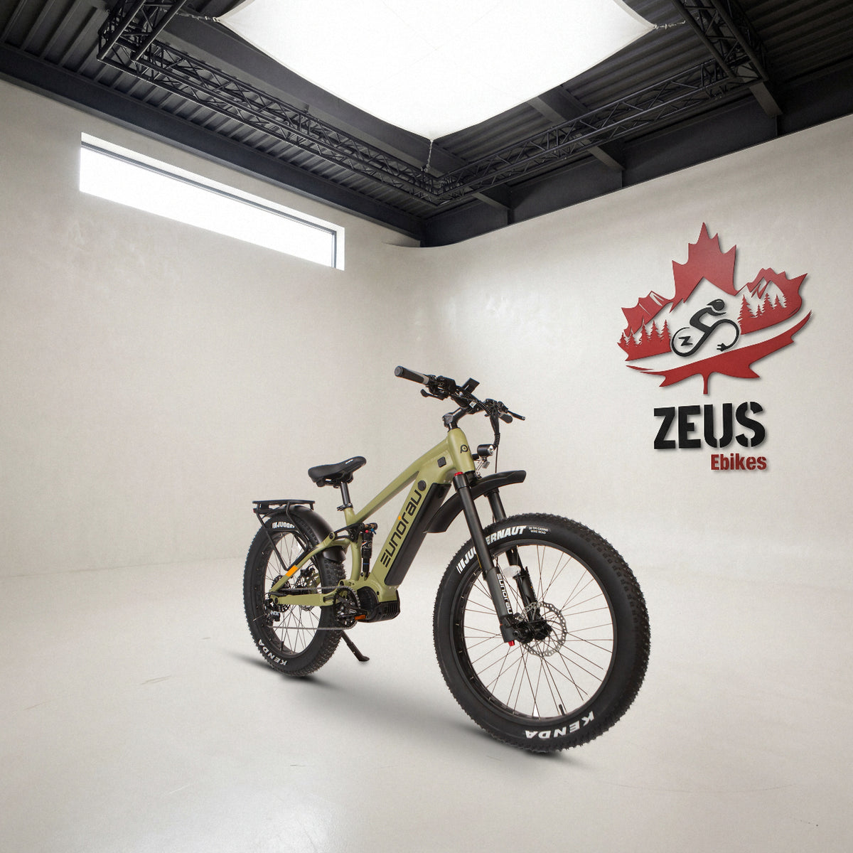 Eunorau Specter-S 4.0 / Hunter X9 in Army Green, front three-quarter view: Eunorau's own photo of the bike, set in the Zeus eBikes studio