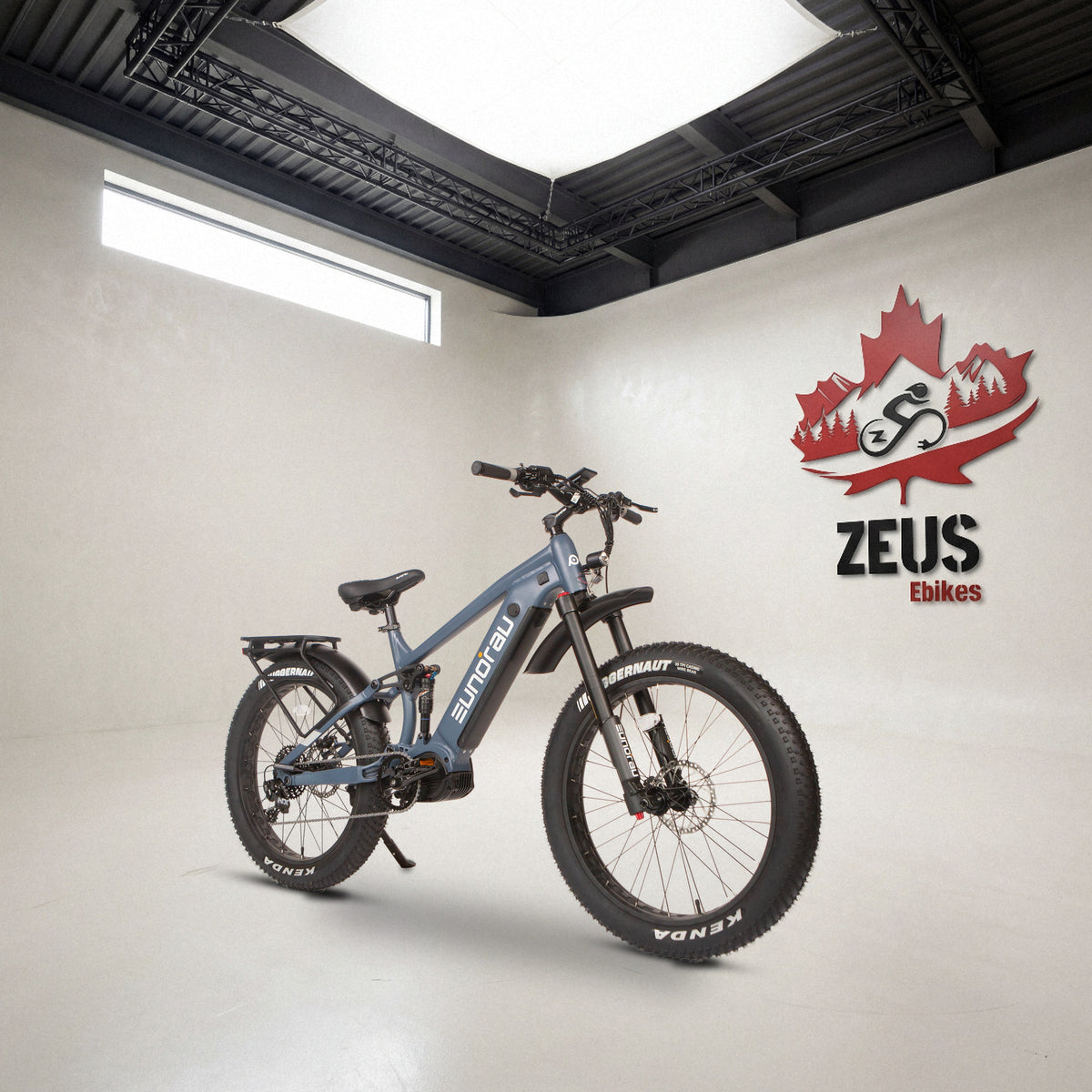 Eunorau Specter-S 4.0 / Hunter X9 in Moon Black (slate blue-grey), front three-quarter view: Eunorau's own photo of the bike, set in the Zeus eBikes studio