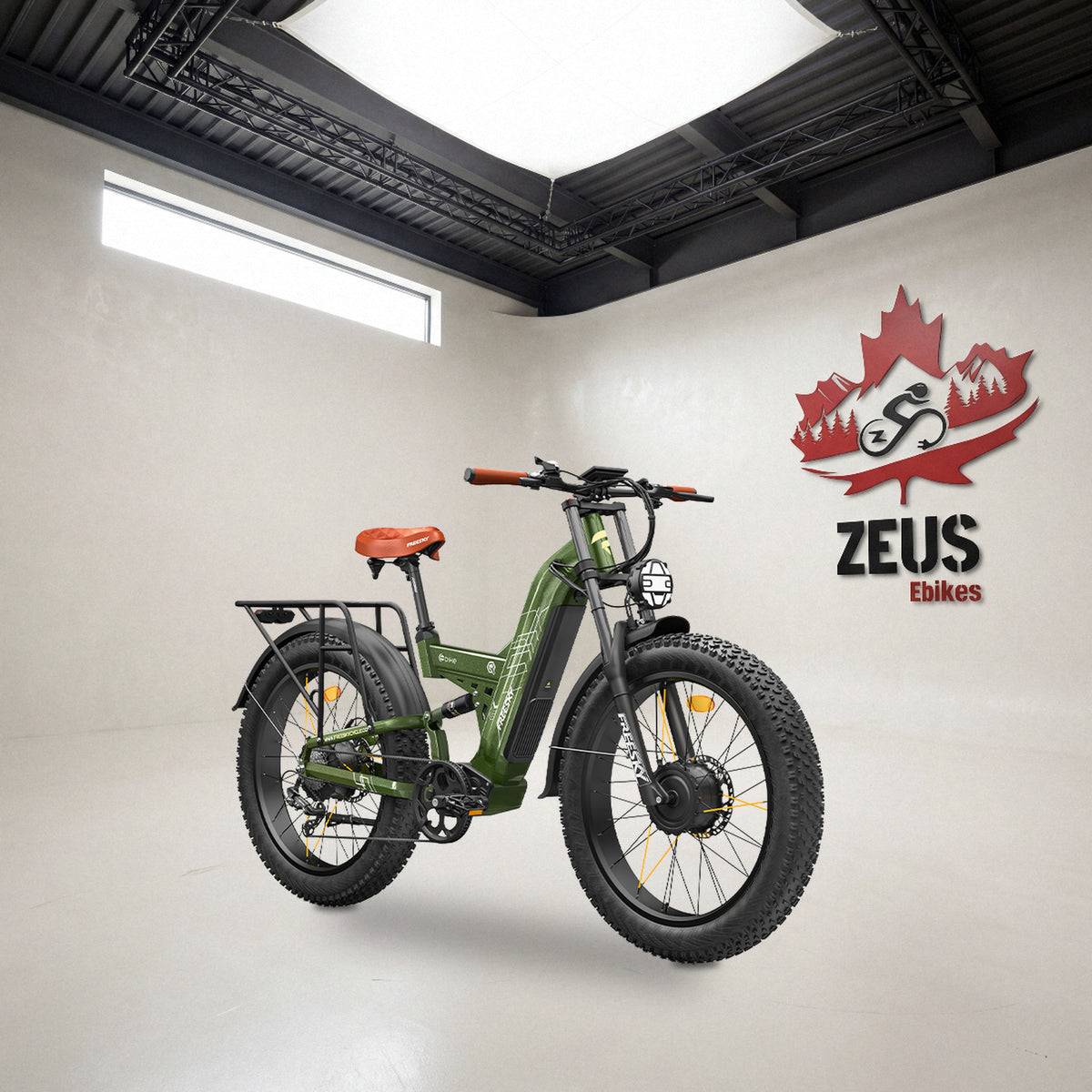 Freesky Warrior Ultra M-530 in Green, front three-quarter view: Freesky's own product photo of the bike, set in the Zeus eBikes studio