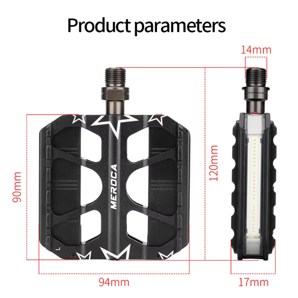Dimension drawing of the MEROCA pedal: 94 mm by 90 mm platform, 17 mm thick, 120 mm overall, 14 mm spindle — Zeus eBikes Canada