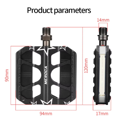 Dimension drawing of the MEROCA pedal: 94 mm by 90 mm platform, 17 mm thick, 120 mm overall, 14 mm spindle — Zeus eBikes Canada