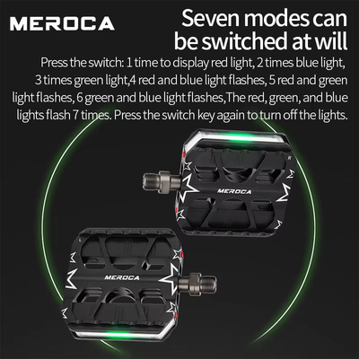 Chart of the seven MEROCA light modes: one press red, two blue, three green, then flashing combinations, and one more press for off — Zeus eBikes Canada