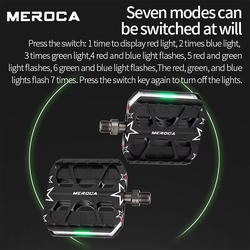 Chart of the seven MEROCA light modes: one press red, two blue, three green, then flashing combinations, and one more press for off — Zeus eBikes Canada