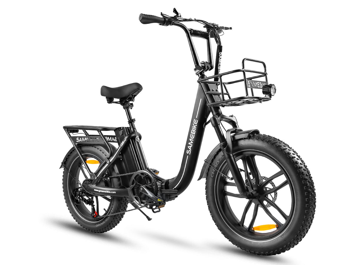 Samebike C05 Pro folding fat-tire step-thru e-bike in Black with its front basket and rear rack, three-quarter front view — Zeus eBikes Canada