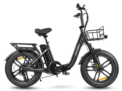 Samebike C05 Pro in Black, side view: step-through frame, 20 x 4 inch fat tires, front basket and rear rack (Samebike's photo)