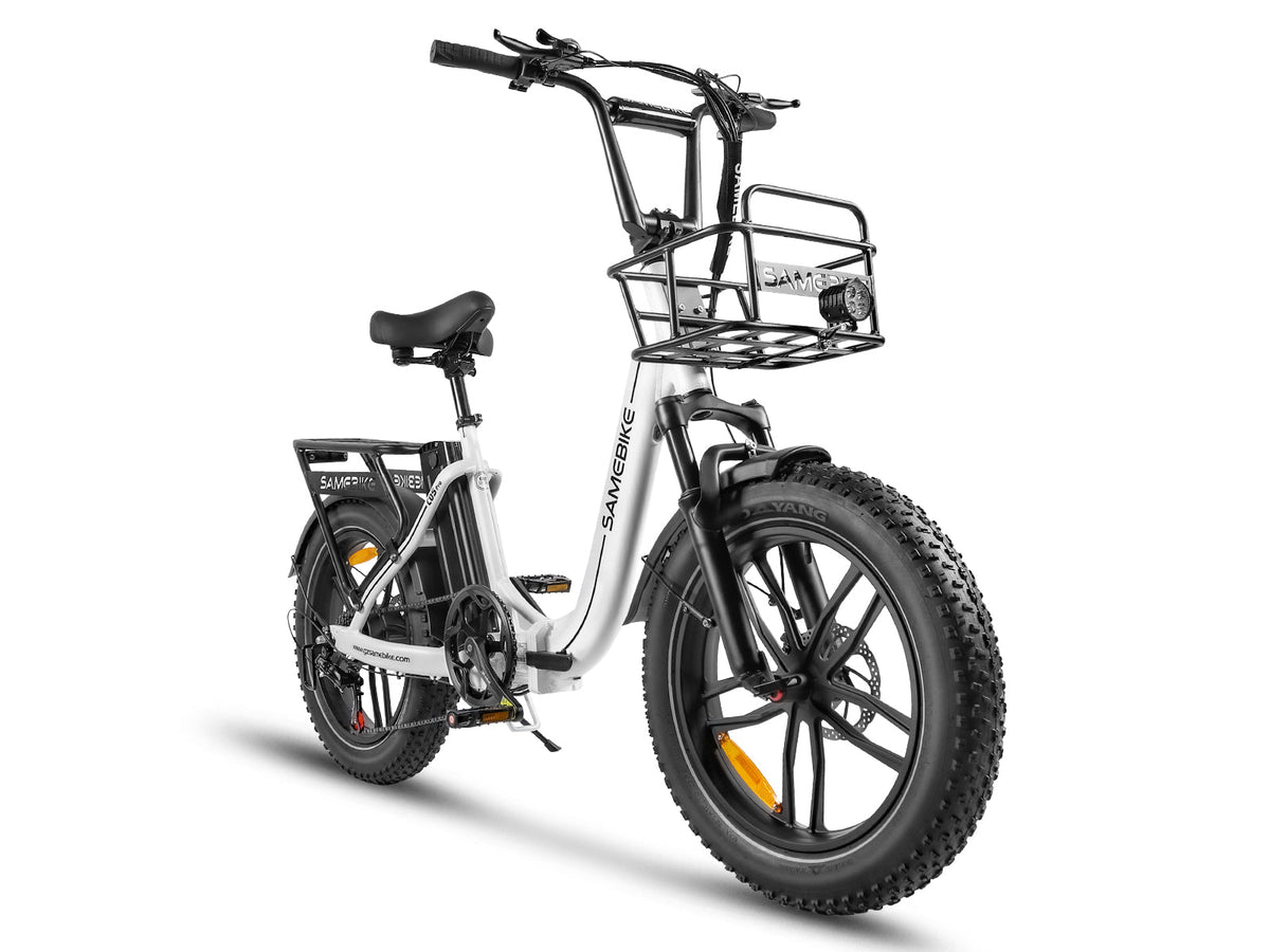 Samebike C05 Pro in White, front three-quarter view, with its front basket and rear rack (Samebike's photo)