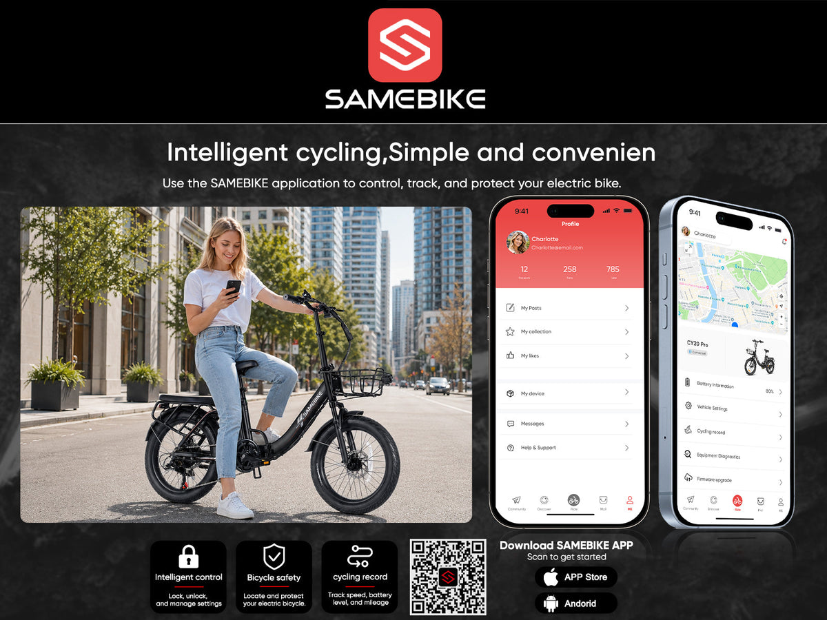 Samebike app on a phone beside a rider on the CY20 Pro: control, track and protect the bike (Samebike graphic) — Zeus eBikes Canada