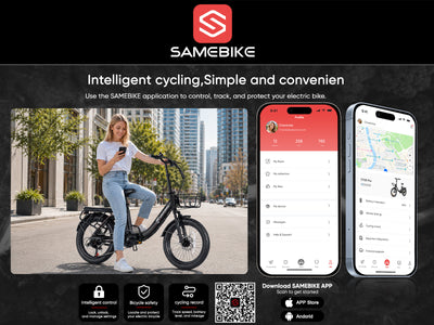 Samebike app on a phone beside a rider on the CY20 Pro: control, track and protect the bike (Samebike graphic) — Zeus eBikes Canada