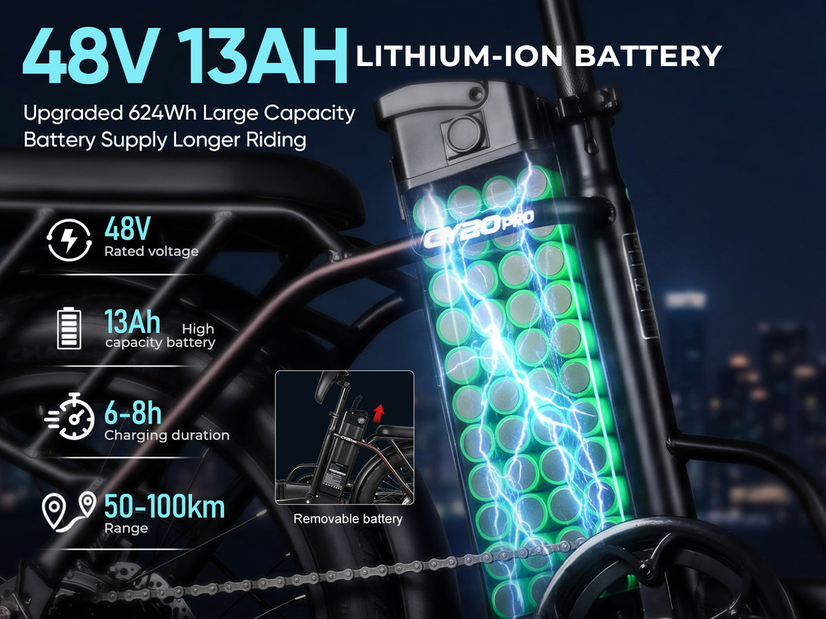 Samebike CY20 Pro 48V 13Ah, 624 Wh removable lithium-ion battery (Samebike graphic) — Zeus eBikes Canada