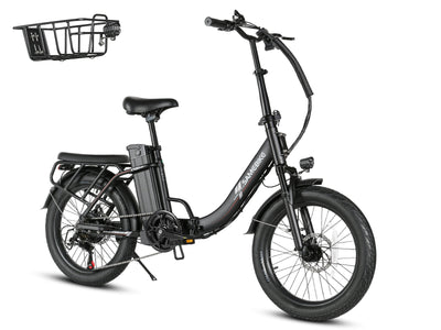 Samebike CY20 Pro in Black, three-quarter front view on white, with the included front basket shown beside it (Samebike's photo) — Zeus eBikes Canada