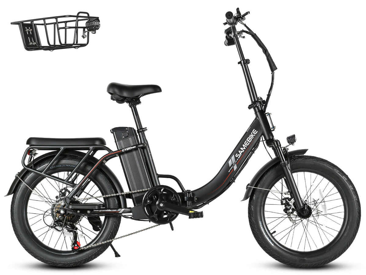 Samebike CY20 Pro in Black, drive-side view on white: step-through frame, 20 x 3.0 inch tires, rear rack; the included front basket shown beside it (Samebike's photo) — Zeus eBikes Canada