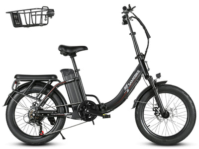 Samebike CY20 Pro in Black, drive-side view on white: step-through frame, 20 x 3.0 inch tires, rear rack; the included front basket shown beside it (Samebike's photo) — Zeus eBikes Canada