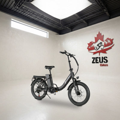 Samebike CY20 Pro folding step-thru e-bike in Black, with its rear rack and seat-integrated battery: Samebike's own photo of the bike, set in the Zeus eBikes studio — Zeus eBikes Canada