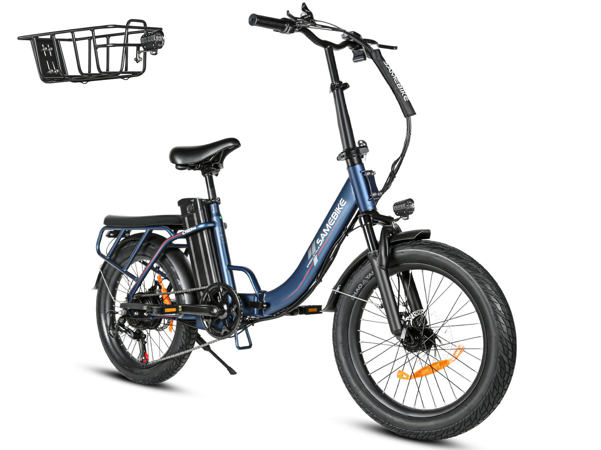 Samebike CY20 Pro in Navy, three-quarter front view on white, with the included front basket shown beside it (Samebike's photo) — Zeus eBikes Canada