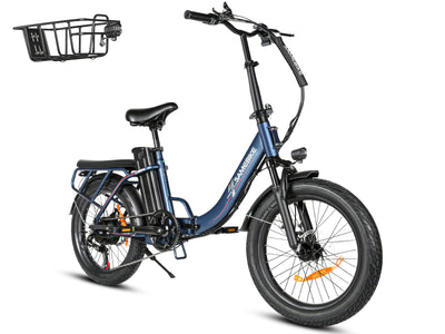 Samebike CY20 Pro in Navy, three-quarter front view on white, with the included front basket shown beside it (Samebike's photo) — Zeus eBikes Canada