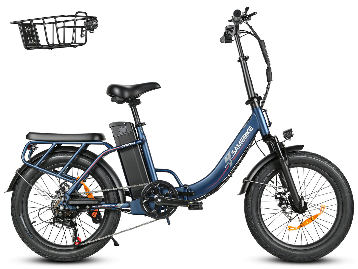 Samebike CY20 Pro in Navy, drive-side view on white: step-through frame, 20 x 3.0 inch tires, rear rack; the included front basket shown beside it (Samebike's photo) — Zeus eBikes Canada