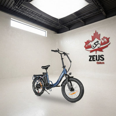 Samebike CY20 Pro folding step-thru e-bike in Navy, with its rear rack and seat-integrated battery: Samebike's own photo of the bike, set in the Zeus eBikes studio — Zeus eBikes Canada