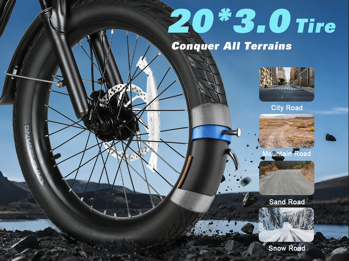 Samebike CY20 Pro 20 x 3.0 inch tire on a spoked wheel (Samebike graphic) — Zeus eBikes Canada
