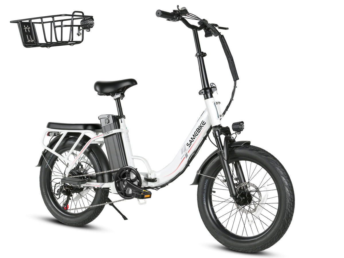Samebike CY20 Pro in White, three-quarter front view on white, with the included front basket shown beside it (Samebike's photo) — Zeus eBikes Canada