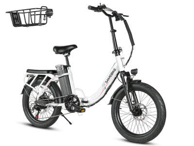 Samebike CY20 Pro in White, three-quarter front view on white, with the included front basket shown beside it (Samebike's photo) — Zeus eBikes Canada