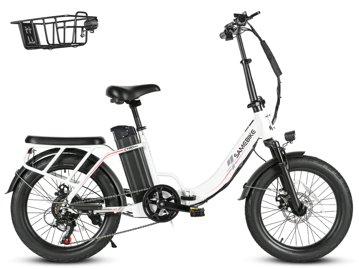 Samebike CY20 Pro in White, drive-side view on white: step-through frame, 20 x 3.0 inch tires, rear rack; the included front basket shown beside it (Samebike's photo) — Zeus eBikes Canada