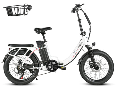 Samebike CY20 Pro in White, drive-side view on white: step-through frame, 20 x 3.0 inch tires, rear rack; the included front basket shown beside it (Samebike's photo) — Zeus eBikes Canada