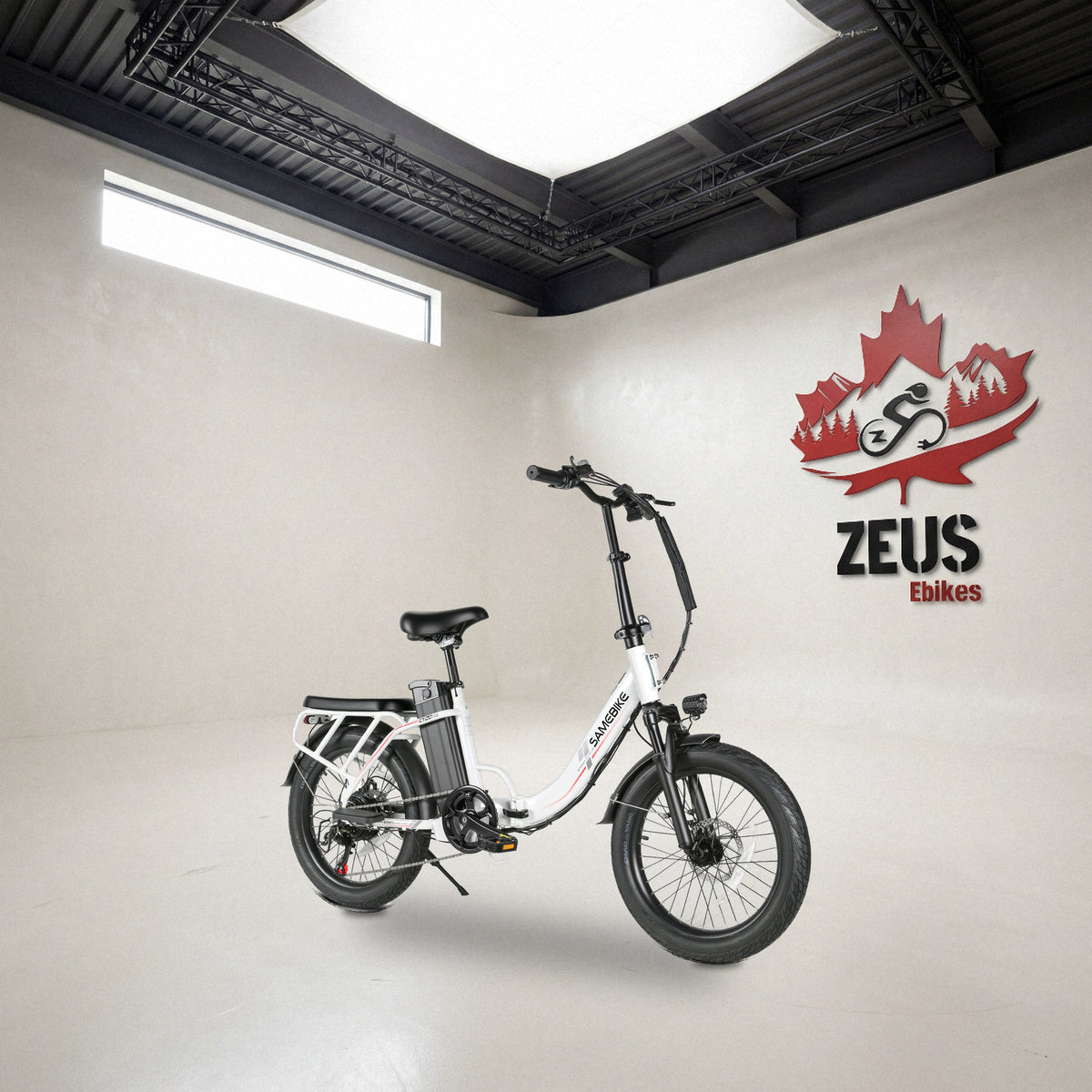 Samebike CY20 Pro folding step-thru e-bike in White, with its rear rack and seat-integrated battery: Samebike's own photo of the bike, set in the Zeus eBikes studio — Zeus eBikes Canada