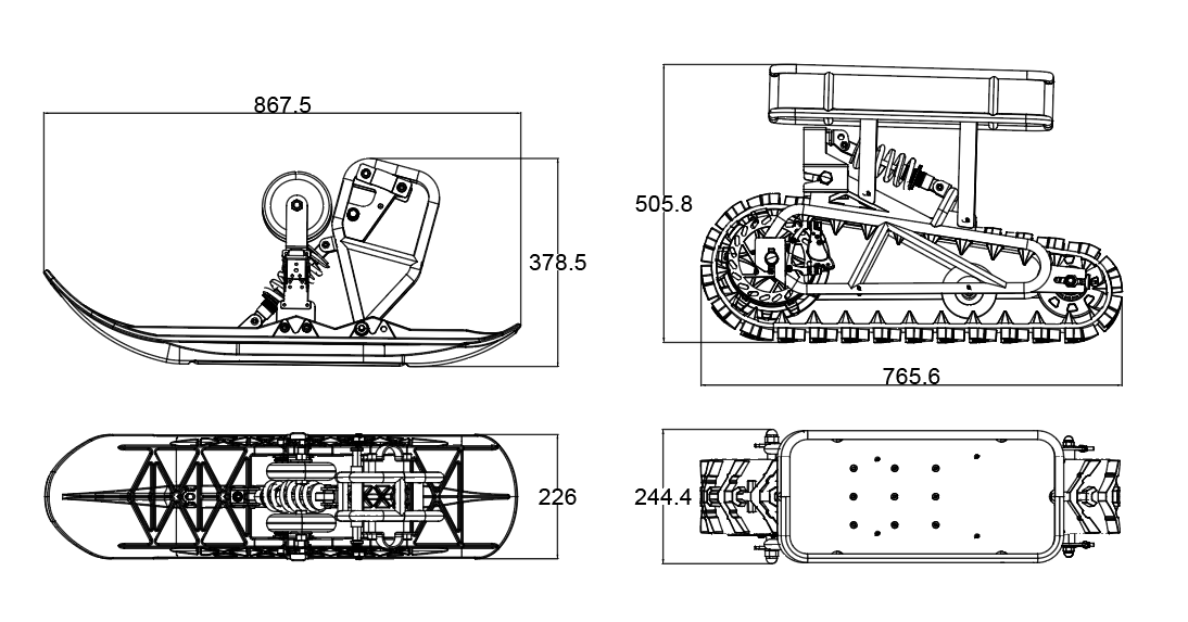 Technical diagram of the Riding Times snow track kit showing the 3000W peak track drive and front and rear shock absorbers — Zeus eBikes Canada
